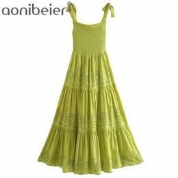Fruit Green Long Maxi Dress Summer Tie Shoulder Shirred Body Embroidery Hollow Out Women Ankle Length Cami 210604