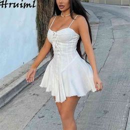 Fashion Suspender Women's Summer Dress Criss-cross Lace-up Solid Colour Bandage es Backless Sexy Night Club Mini Denim 210513