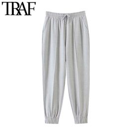 TRAF Women Chic Fashion Side Pockets Jogging Pants Vintage High Elastic Waist Drawstring Female Ankle Trousers Mujer 210415