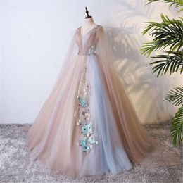 Party Dresses Elegant And Plain Evening Dress Cap Sleeve V-Neck Flowered Prom With Pearls Long Robe Woman 2022 Bride