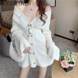 Vestidos Knitted Solid V Neck Korean Chic Spring Double Breasted Woman Dresses Sashes Autumn Femme Robes 19682 210415