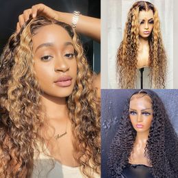 Highlight HD Transparent Deep Wave Lace Forehead Wig Deep Curly Lace Forehead Real Hair Wig T PART Wet Wave seamless