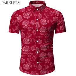 Rose Floral Printed Men Summer Dress Shirt Casual Slim Fit Mens Short Sleeve Shirts Button Up Chemise Homme Daily Men Clothing 210524