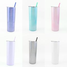 Glitter 20oz Skinny Tumblers Double Wall Straight Cup Stainless Steel Drinks Rainbow Blank Sublimation Mug with Lid and Colorful Straw WWQ
