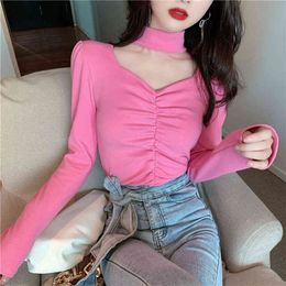 Lucyever Sexy Hollow Out Turtleneck Women's Jumper Tops Korean Style Solid Clothes Woman Shirring Autumn Blouses Female 210521
