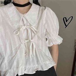 White Shirt Women Preppy Style Blusas Peter Pan Collar Puff Sleeve Lady Blouses Sweet Bow Drawstring Chic Tops Korean 210519