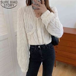 Fashion Pleated Tops Apricot Blouses Korean Chic Sweet Lace Blouse Women V-neck Elegant Button Up Long Sleeve Ladies Shirt 12641 210417