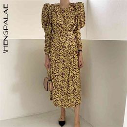 Spring Women Vintage Loose High Waist Slim Was Thin Elegant Leopard Print Puff Sleeve Maxi Dress ZA5766 210427