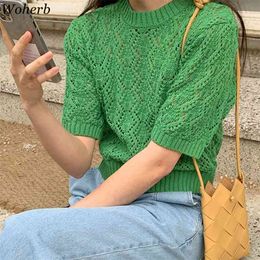 Hollow Out Sweet Short Sleeve Knitted T-shirt Women Knitwear Chic Solid Tops All Match Loose Sexy Clothe Femme 210519