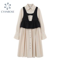 Women's Shirt Dress With Hollow Out Vest Long Sleeve Lapel Korean Chic Vestidos Female Baggy OL Fashion Spring Pop Frocks 210417