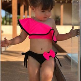 Dihope New Summer Baby Kids Girl Two Piece Swimsuit Child Swimwear Ruffles Bow Water Sports Bikini Shoulder Beach Bathing