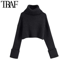 TRAF Women Fashion Thick Warm Cropped Knitted Sweater Vintage High Neck Long Turn-up Sleeves Female Pullovers Chic Tops 210415