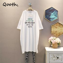 Qooth Casual Letter Printed Oversized Shirt Dress Summer O-neck Short Sleeve Loose Mid-length Dress Pullover A-line Dress QT714 210518