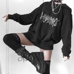 Punk Goth Letter Print Hip-Hop Hooded Sweatshirt Vintage Kpop Loose Casual Women Moletom Harajuku Streetwear Pullover 210809