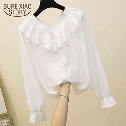 Elegant Sweet Blouses Women Autumn Fashion Korean V-neck Ruffles Chiffon Tops Blusas Plus Size 4XL Loose Shirts 10223 210417