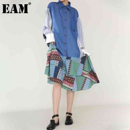 [EAM] Women Pattern Printed Blue Denim Ruffles Big Size Dress Lapel Long Sleeve Loose Fashion Spring Autumn 1DD529205 21512