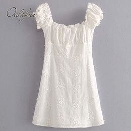 Summer Women White Party Short Sleeve Embroidery Ruffle Single Breasted Sweet Vacation Beach Mini Dress 210415