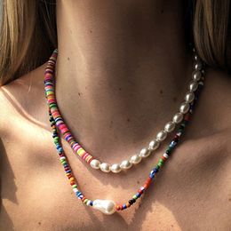 wholesale acrylic chain links Australia - Fashion Imitation Pearl Heart Shell Pendant Necklaces Colorful Beaded Necklace Double Chain Resin Gold Plated Chokers Link Chains Beach Jewelry For Women
