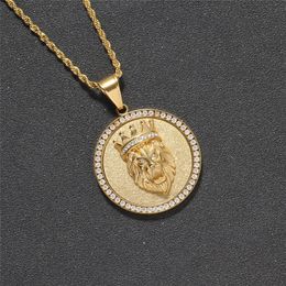 Stainless Steel Jewelry Round Crown Lion Head Pendant Necklace Iced Out Diamond Mens Hip Hop Gift