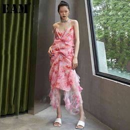 [EAM] Women Pink Irregular Pattern Printed Long Dress V-Neck Sleeveless Loose Fit Fashion Spring Autumn 1DD8640 21512