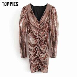 Fashion Woman Sequined Party Dress Sexy V-Neck Mini Ruched Pleated Long Sleeve Vestidos 210421