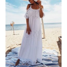 Summer Women Long Beach Vintage Off Shoulder White Lace Loose Maxi Dress 210415