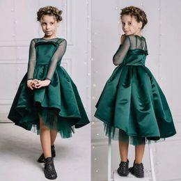 Hunter High Low Flower Girl Dresses For Wedding Sheer Jewel Neck Long Sleeves Pageant Gowns Satin First Communion Dress