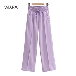 Wixra Womens Drawstring Wide Leg Pants Casual High Elastic Waist Pockets Fashion Loose Trousers Autumn Winter 210915