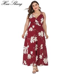 5XL 6XL 7XL Plus Size Summer Beach Dress Women V Neck Sleeveless Floral Boho Dresses String Cross Backless Sexy Maxi Long Dress 210409