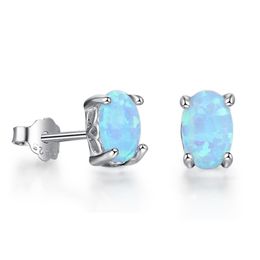 Stud Elgant 925 Sterling Silver Four-Claw Oval Blue Opal Ring For Women Anniversary Wedding Gift Fine Jewellery