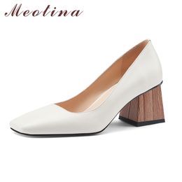 Meotina Genuine Leather Pumps Shoes Women Dress Thick High Heels Square Toe Real Leather Ladies Shoes Spring Yellow White 43 210520