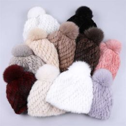 100% real mink fur hat women winter knitted beanies Russian Girls cap with pom poms thick female Elastic 211119