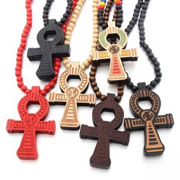 Good Wood Cross Pendant Necklaces Egyptian Power of Life Design Goodwood Wooden Charm Beads Statement Necklace for Women Fashion Men Hip Hop Jewellery