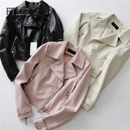 fashion women streetwear style faux leather jacket spring autumn slim zipper turndown collar pink leahter coat overcoat 210525