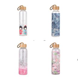 NEW550ml Glass Water Bottle Portable Water Bottles With Bamboo Lid Rope Japanese Style Sport Outdoor Drinking Cup sea ship EWE7317