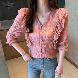Autumn Cardigan Solid Women Blouse Shirt Office Lady Long Sleeve Red Lace Chiffon Blusas Mujer 6475 50 210508
