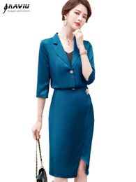 Naviu Fashion Women Suit Two Pieces Set Half Sleeve Blazer and Knee Length Skirt Formal Uniform Office Wear 210604