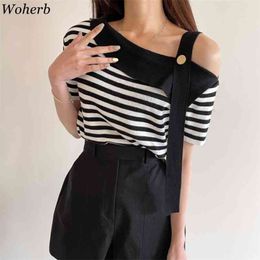 Shirts for Women Chic Irregular Striped Knitted Tshirt Summer Thin Tees Sexy Off Shoulder Vintage Knitwear Tops Mujer 210519