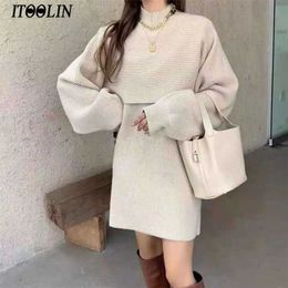 ITOOLIN Two-piece Dress Sets Winter outfit Two Piece Women Sweater Dress Set Femme Strap and Shawl Loose Dress Japanese Clothes 211108