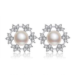 Earring Settings Flower 925 Sterling Silver Zircon Pearl Stud Earrings Gift for Bridesmaid 5 Pairs