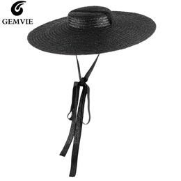 GEMVIE 4 Colour Wide Brim Flat Top Straw Hat Summer s For Women Ribbon Beach Cap Boater Fashionable Sun With Chin Strap 220225