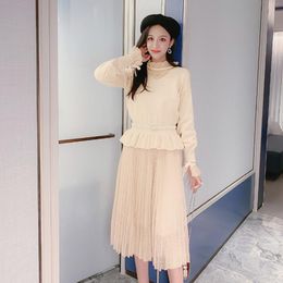 Two Piece Dress 2021 Autumn Winter Fashion Womens Suits Long Sleeve Knit Sweater + Gauze Midi Ladies Elegant Dresses Sets