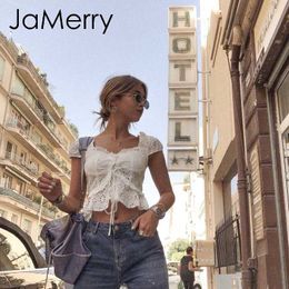 Jamerry Boho White Women Shirt Ruffled Hollow Out Tops Woman Back Lace Up Fashion Streetwear Blouse Lady Top Q190508