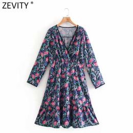 Zevity Women Vintage V Neck Floral Printing Side Zipper Casual A Line Dress Female Chic Long Sleeve Pleats Kimono Vestido DS8153 210603