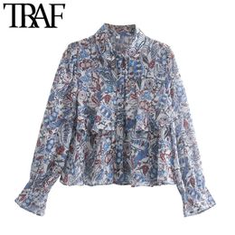TRAF Women Fashion Paisley Print Ruffled Cropped Blouses Vintage Long Sleeve Button-up Female Shirts Blusas Chic Tops 210415