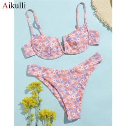 Sexy V-bar Underwired Bikinis Floral Swimwear Women Swimsuit Female V-Neck Bikini Set Push Up Beach Wear Swim Bathing Suits 210621