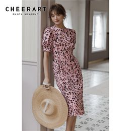 Pink Puff Sleeve Leopard Print Dress Summer Long Tunic Midi Fitted Korean Ladies With Slit Fashion 210427