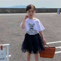 Summer Arrival Girls Fashion 2 Pieces Suit Bear T Shirt+tutu Skirt Girl Clothes 210528