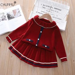 Autumn Girls Baby Knitted Clothing Sets Kids Long Sleeve Sweaters Top + Pleated Skirt 2 Pcs Outfits Princess Birthday Knitwear X0902