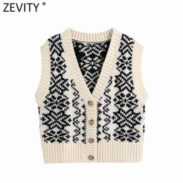 Women Fashion V Neck Printing Breasted Knitting Sweater Ladies Sleeveless Casual Slim Vest Cardigans Tops S602 210420